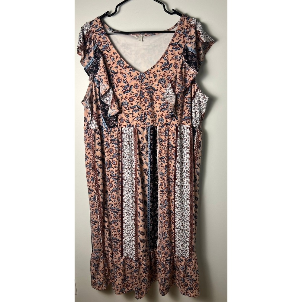Cato Floral Patchwork Dress 22/24W Pink Ruffle Sleeve V-Neck Boho Midi Cottage